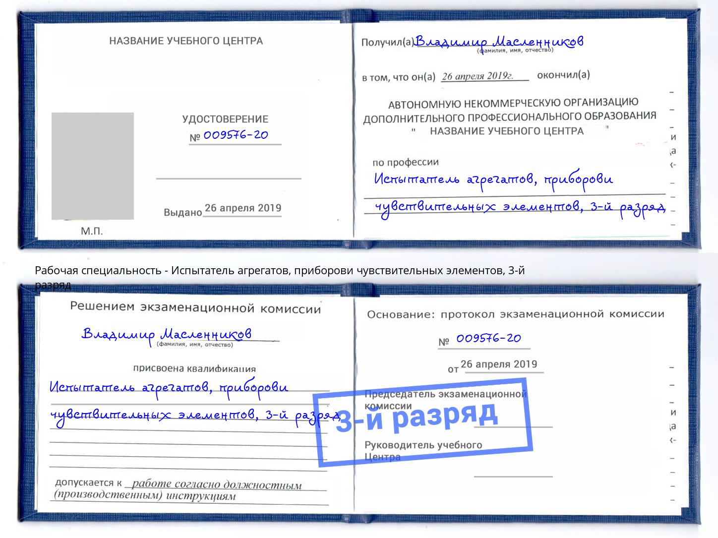 корочка 3-й разряд Испытатель агрегатов, приборови чувствительных элементов Ленинск-Кузнецкий