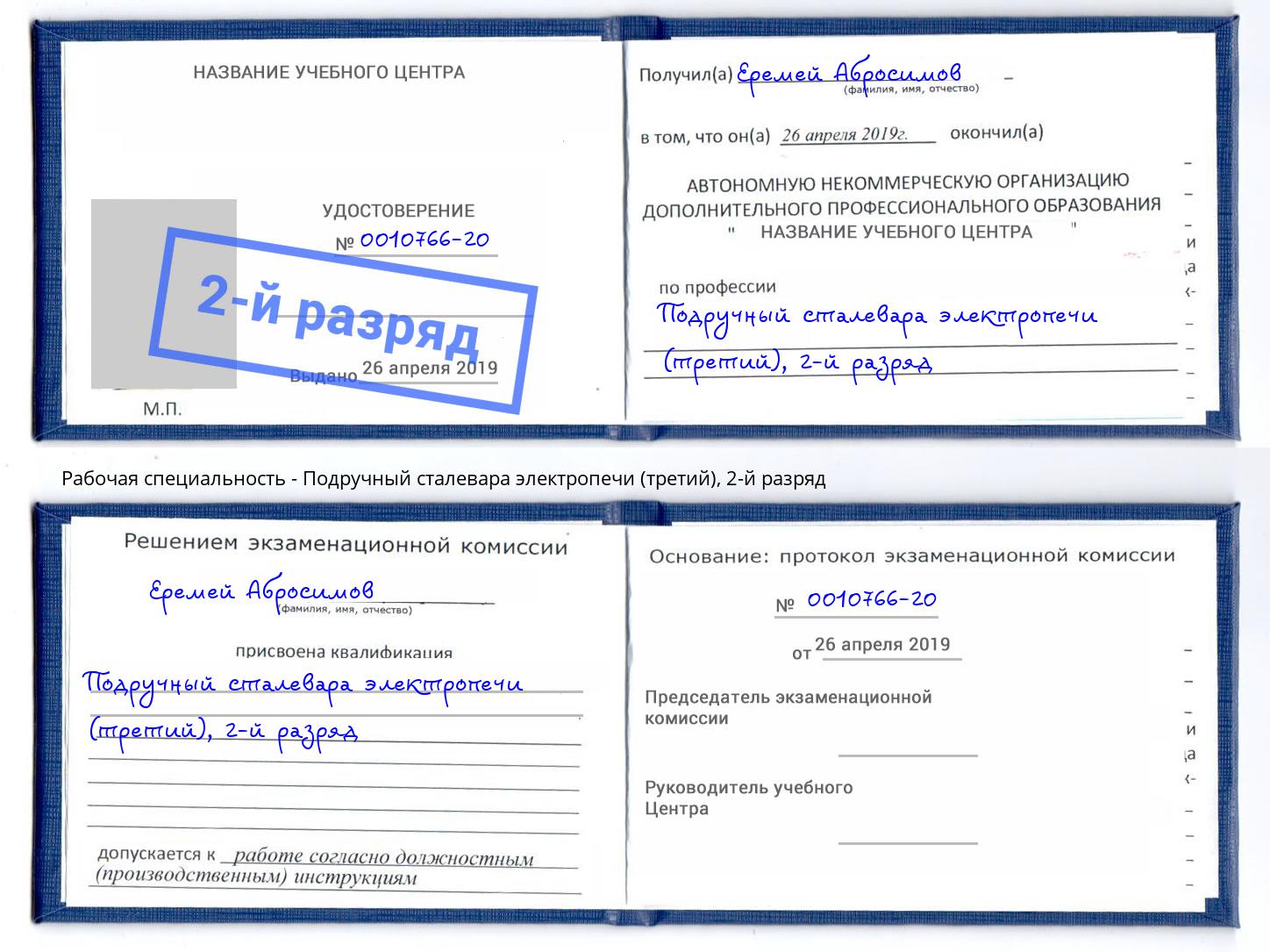 корочка 2-й разряд Подручный сталевара электропечи (третий) Ленинск-Кузнецкий