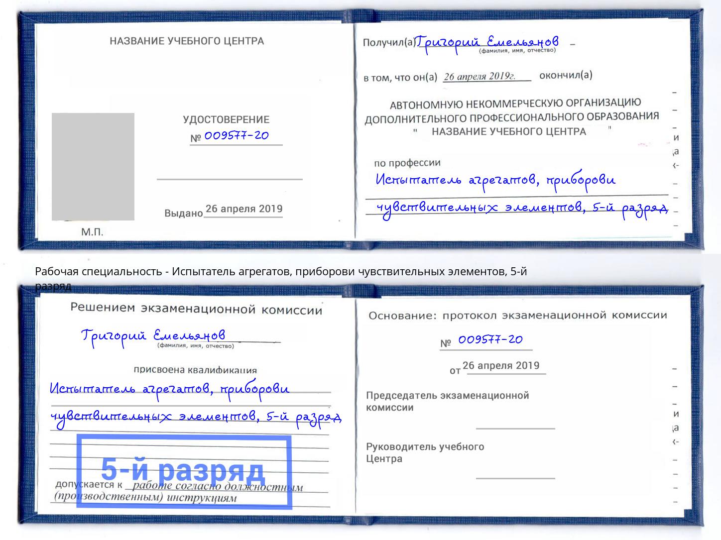 корочка 5-й разряд Испытатель агрегатов, приборови чувствительных элементов Ленинск-Кузнецкий