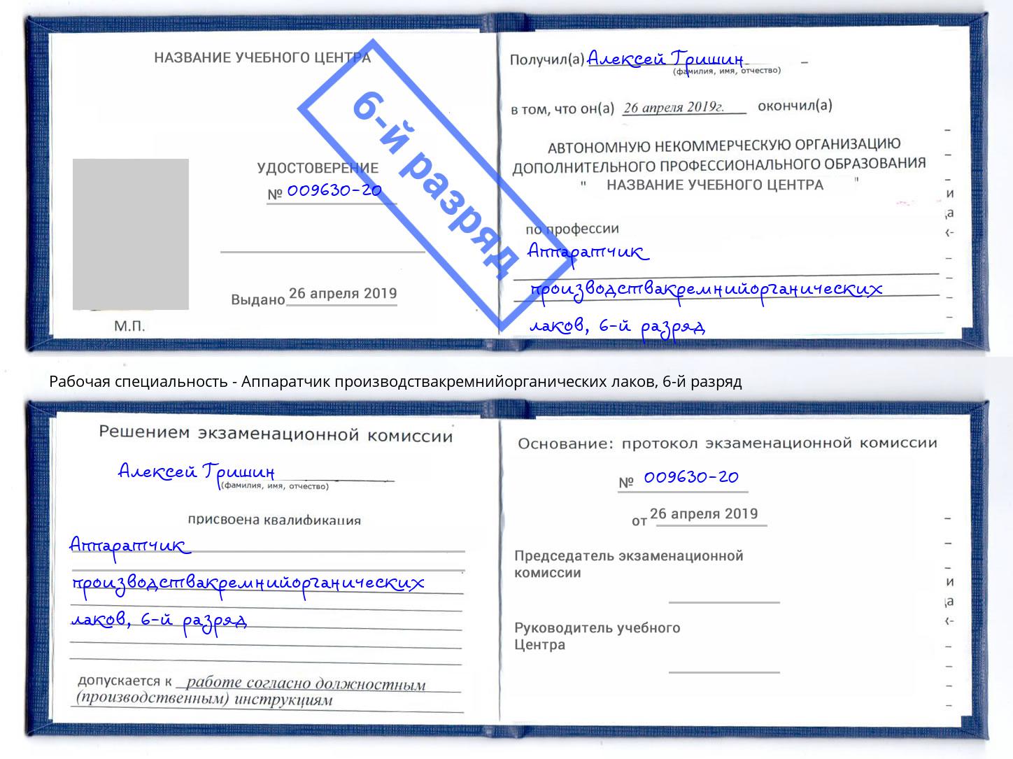 корочка 6-й разряд Аппаратчик производствакремнийорганических лаков Ленинск-Кузнецкий